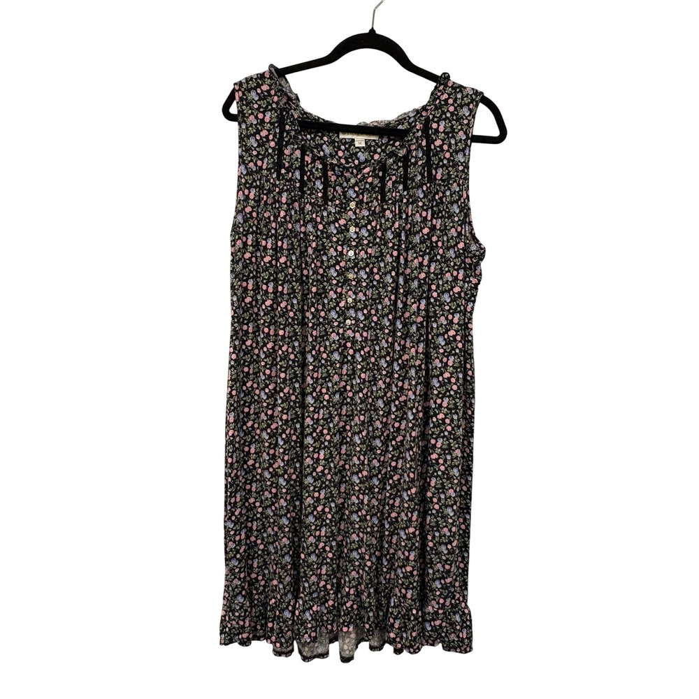 Eileen West Nightgown Medium Black Floral Modal Sleeveless Cottage Lace Trim